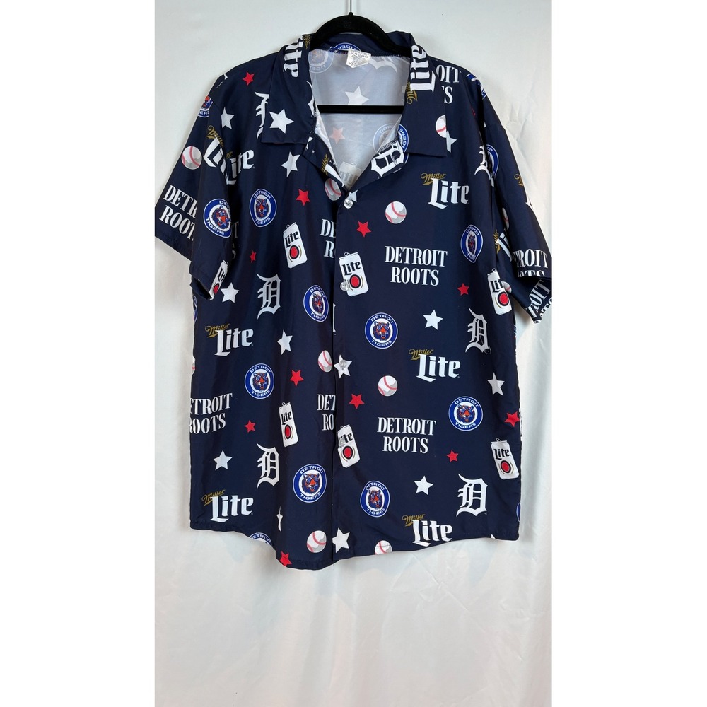 Detroit Tigers Miller Lite Button Down Shirt Mens XXL Navy Blue MLB Beer Print
